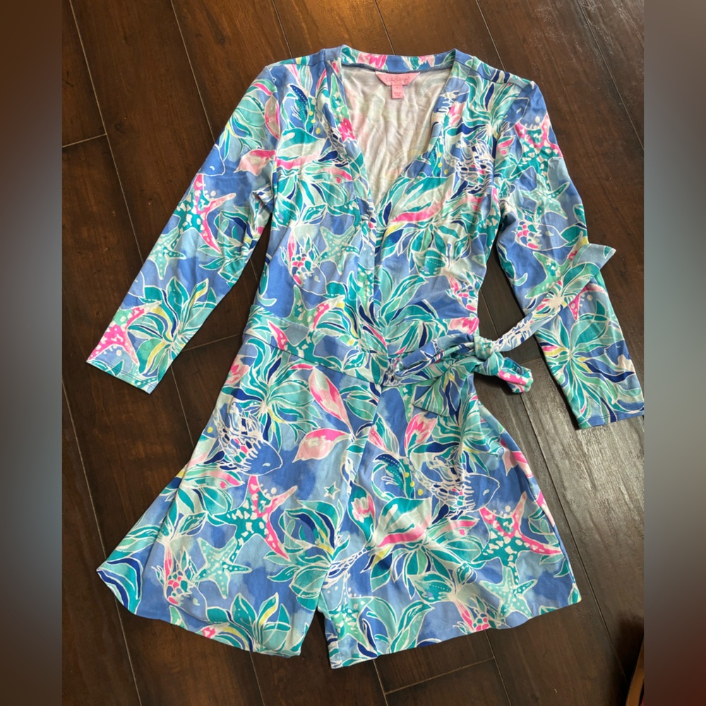New Lilly Pulitzer Karlie Wrap Romper Bennet Blue Celestial Seas Womens small